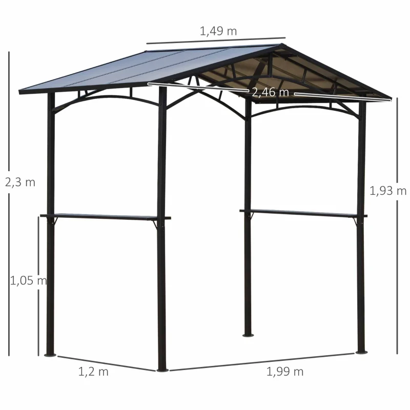 Outsunny Gartenpavillon 2,5 x 1,5 m - Grillunterstand - 2 Seitenshelves - Grilldach - schwarzes Metallpolycarbonatdach
