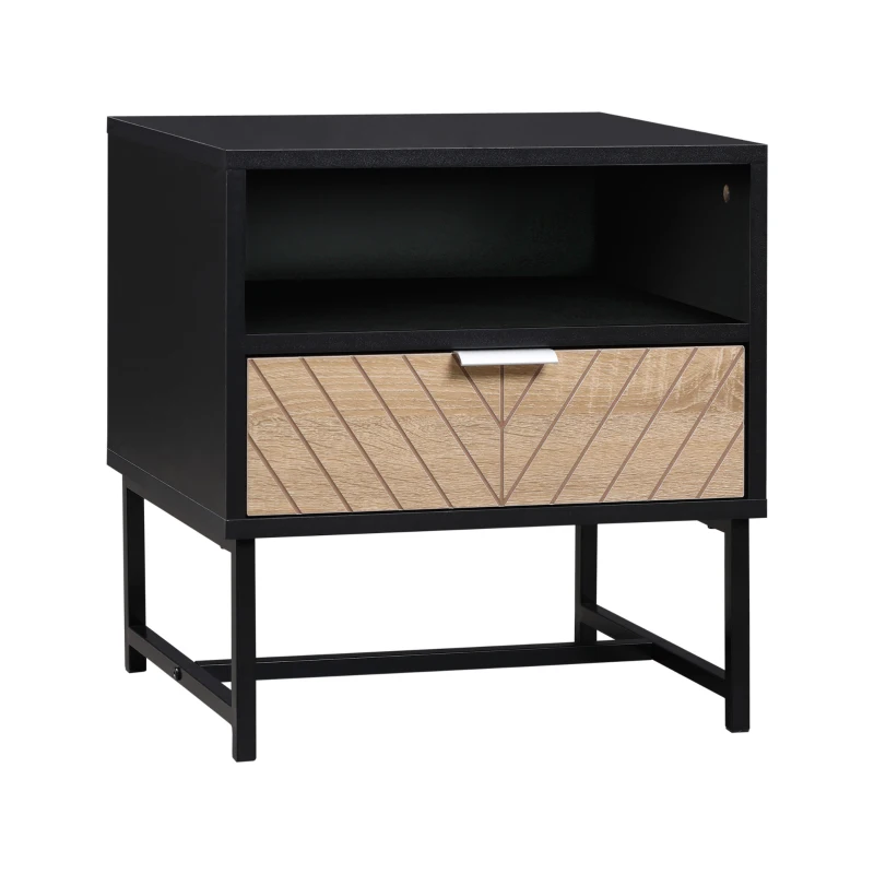 HOMCOM Nachttisch Nachtkonsole im Industriestil mit Schublade Fach Metallgestell Holzoptik Chevron-Muster Schwarz