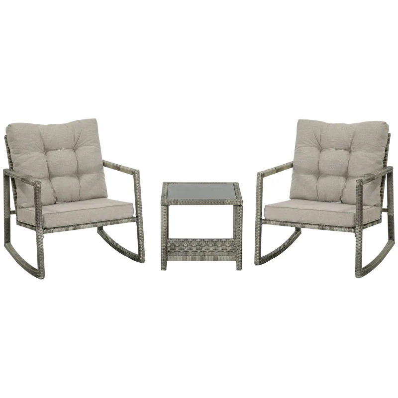Outsunny Gartenmöbel-Set für 2 Personen 3-teilig 2 Schaukelstühle mit Kissen + Beistelltisch mit gehärteter Glasplatte Rattanoptik Grau