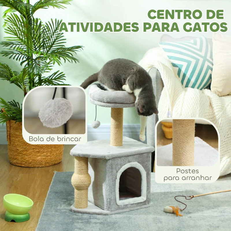PawHut Arranhador para Gatos com Cama Caverna Plataforma Bola Suspensa e Poste de Juta 42x30x66 cm Cinza e Bege