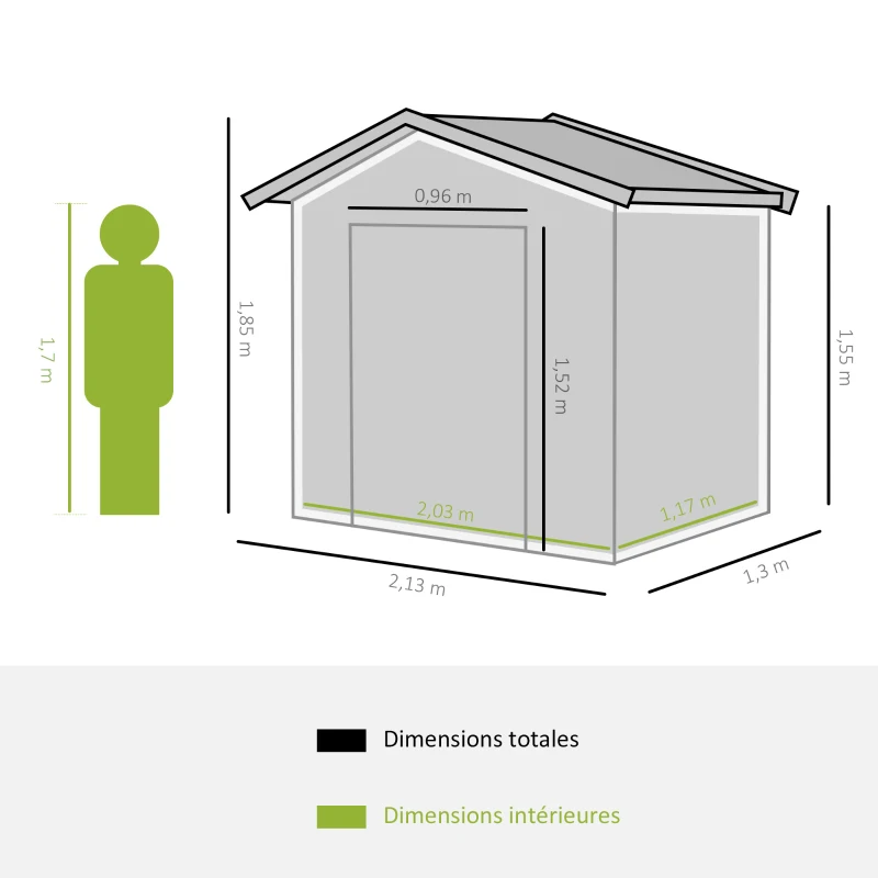 Outsunny Gartenhaus 2,42 m² - Aufbewahrung für Gartengeräte mit Fundament - abschließbare Doppeltür - Maße 213L x 130B x 185H cm - grünes Stahlblech