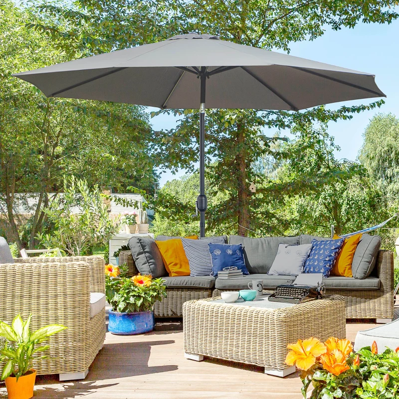 Outsunny Garten Sonnenschirm Balkonschirm Neigbar Ø 3 m aus Metall Rund Polyester 180g/m² neigbar Kurbel Dunkelgrau