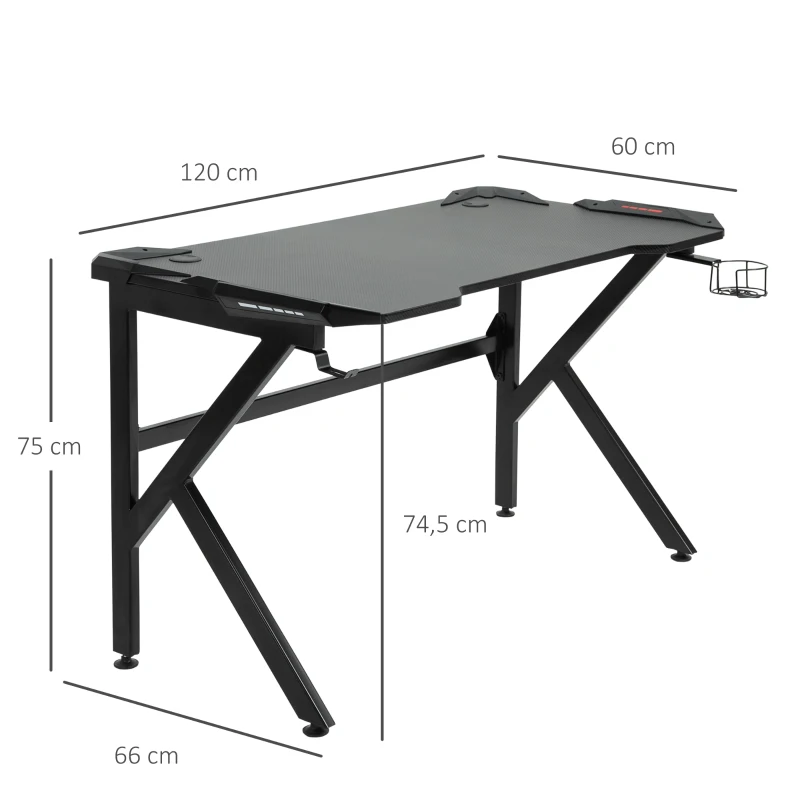HOMCOM Gaming-Schreibtisch Gamer-Schreibtisch Computertisch mit Kopfhörerhalter Getränkehalter Kabeldurchführungen inklusive Metall MDF Textur Karbonfaser Schwarz