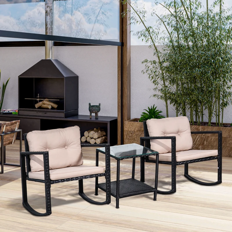 Outsunny 3-teiliges gemütliches Gartenmöbelset 2 Schaukelstühle mit Sitz- und Rückenkissen + Beistelltisch aus gehärtetem Glas Stahlrahmen Kunstharzgeflecht im Rattandesign Schwarz und Braun