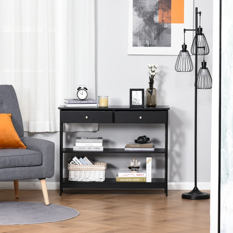 HOMCOM Konsolentisch Eingangstisch Drapierkonsole neo-retro 2 Schubladen 2 Regale Maße 100L x 30,5B x 80H cm MDF Schwarz