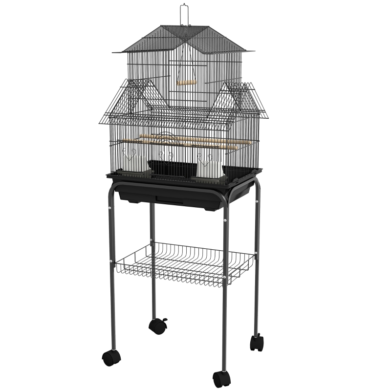 PawHut Vogelkfig Design-Haus Futternpfe Sitzstangen 3 Tren Kotboden  abnehmbar + Griff zum Transport schwarz | Aosom.de