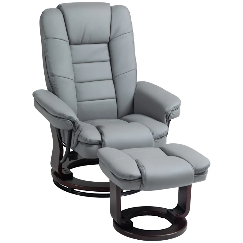 HOMCOM Relaxfauteuil met Voetenbank, Draaibaar, Inklapbare Rugleuning, Kunstlederlook, tot 130 kg, Grijs