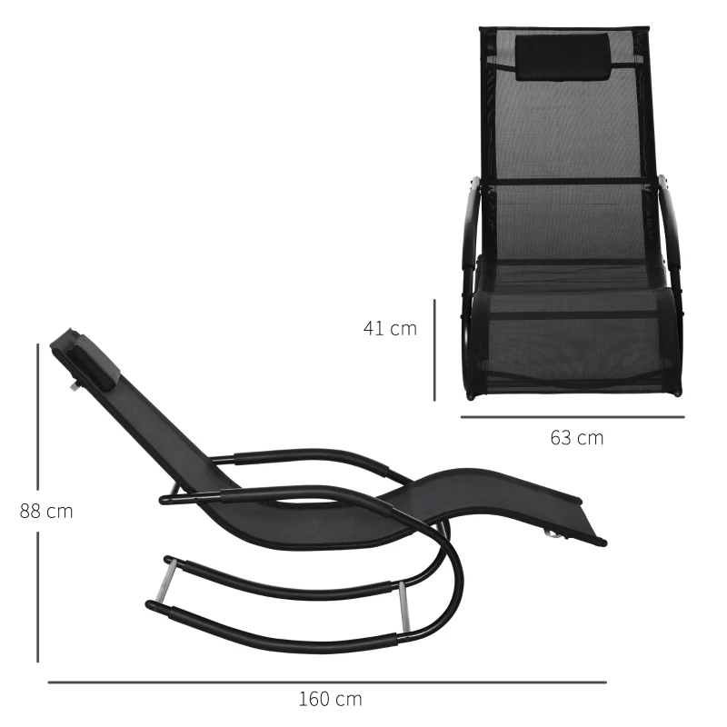 Outsunny Schaukelliegestuhl Ergonomischer Rocking Chair mit Kopfstütze und galvanisiertem Metallrahmen Textilene 63l x 160B x 88H cm Schwarz