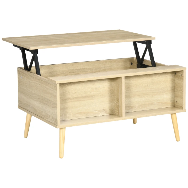 HOMCOM Rechteckiger Couchtisch Wohnzimmertisch klappbares Tablett 2 Fächer Truhe aus Holzmaßen 85L x 60B x 59,5H cm helle Holzoptik