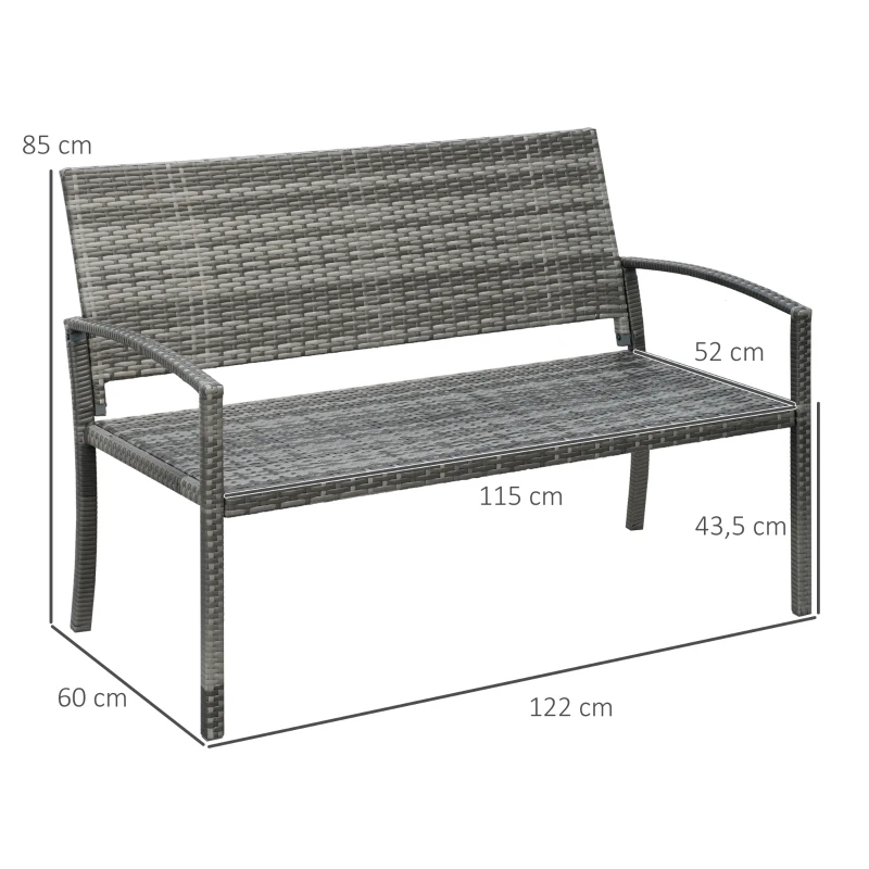 Outsunny Banc de Jardin, en Rotin, avec Cadre en Acier, pour 2 Personnes, gris, 122 x 60 x 85cm