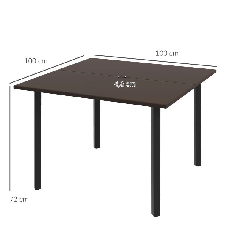 Outsunny Table à manger d'extérieur avec trou pour parasol, cadre en métal, 100x100x72 cm, Marron/Noir