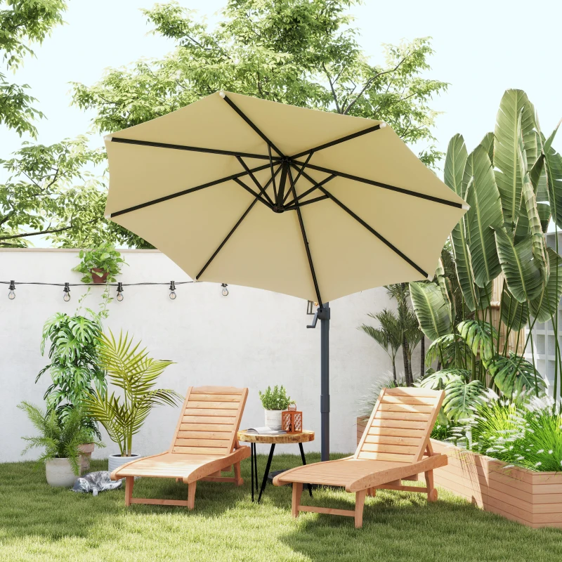 Outsunny Freischwebender drehbarer Sonnenschirm Octogonal neigbar 360° mit Kreuzfuß 8 Streben Kurbel inklusive Aluminiumrahmen