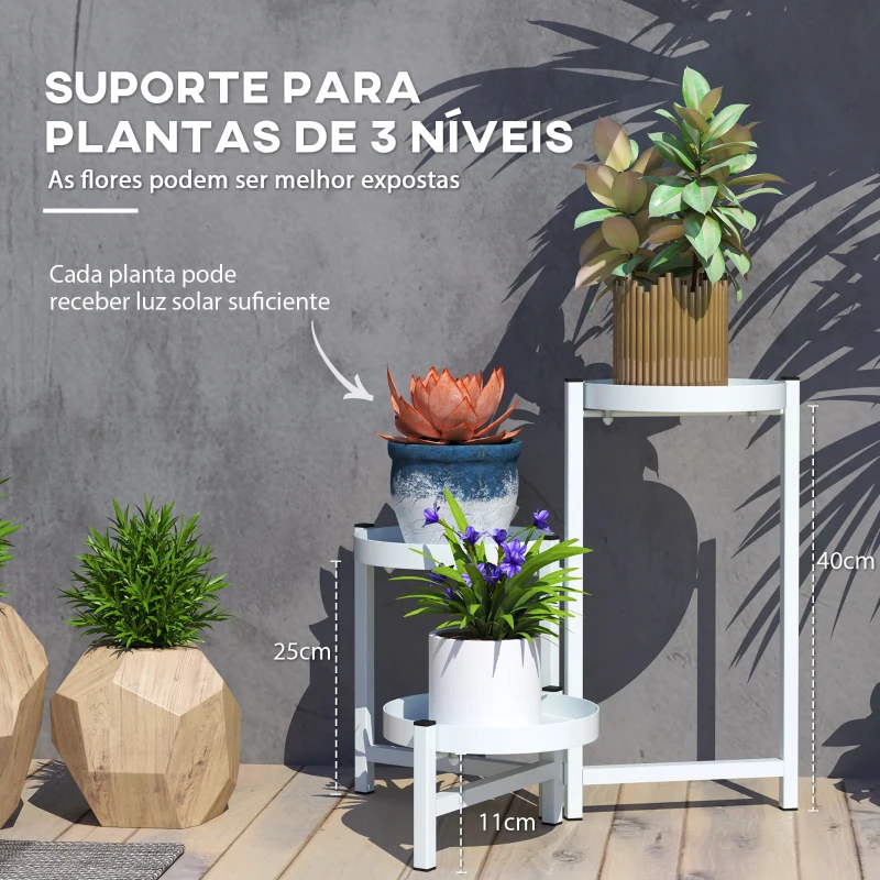 Outsunny Suporte para Plantas Dobrável de Metal com 3 Prateleiras Redondas Suporte para Vasos de Plantas para Interior e Exterior 40x40x42 cm Branco