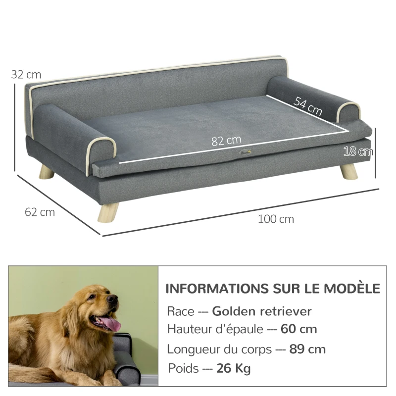 PawHut Skandinavisches Design-Sofa für Hund und Katze mit weichem abnehmbarem Kissen und massiven Holzbeinen 100 x 62 x 32 cm grau