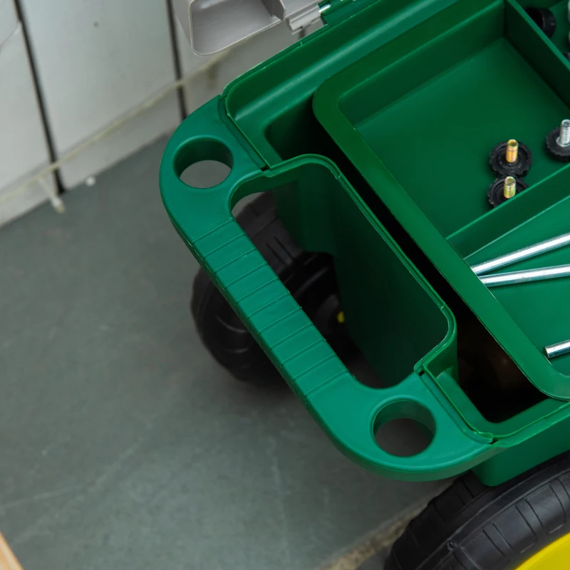Outsunny Gartenhocker und Werkzeugkasten 2 in 1 - Aufbewahrungsbox und abschließbares Fach - 4 Rollen, 2 Griffe - PP Grau Gelb Grün