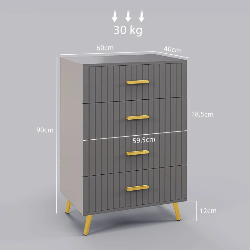 HOMCOM Kommode 4 Schubladen Aufbewahrungsmöbel Schlafzimmer mit goldfarbenen Aluminiumbeinen, 60L x 40B x 90H cm, grau