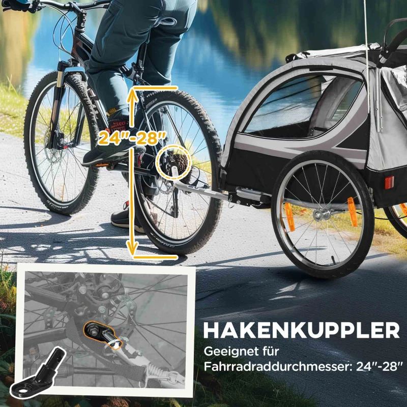 HOMCOM Kinderfietskar/Duwwagen met Remmen, Opvouwbaar, voor 2 Kinderen, Grijs/Zwart