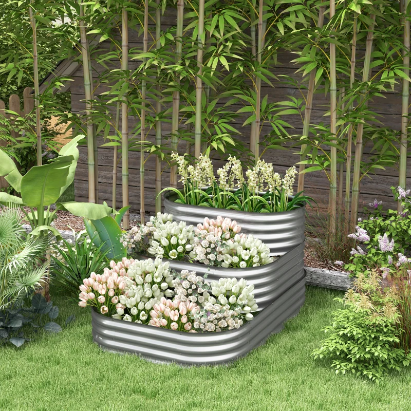 Outsunny Carré Potager en Plein Air Escalier de Fleurs Bac de Plantation, 3 Étages, 158 cm x 109 cm x 82 cm, Argent