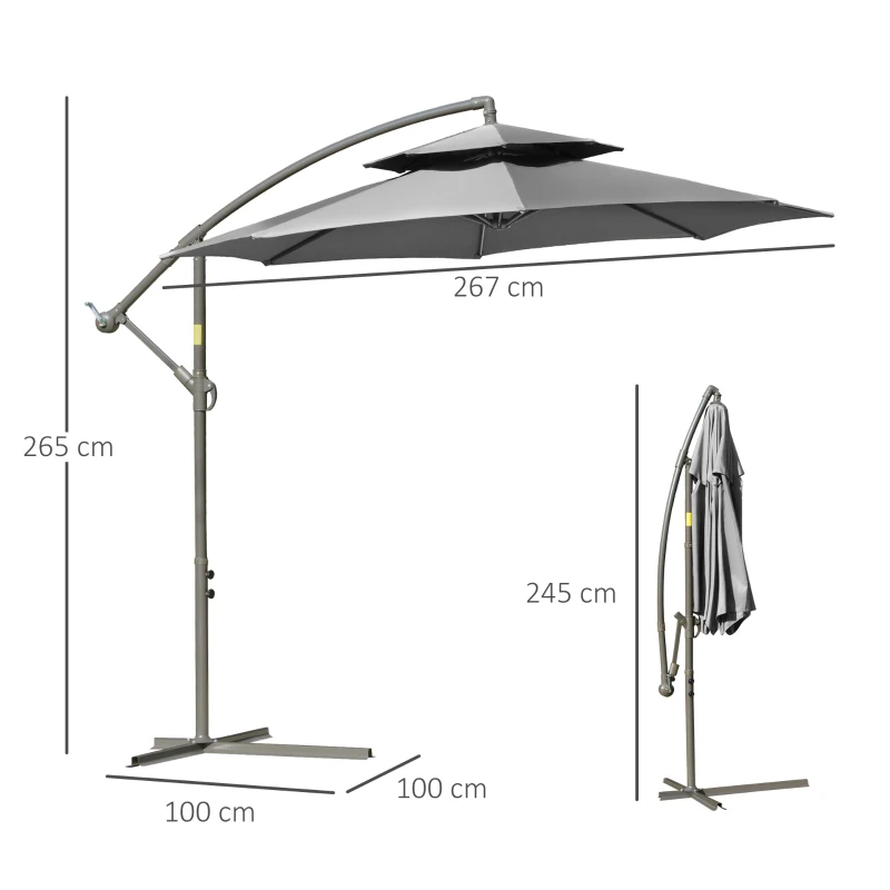 Outsunny Parasol Déporté Ø2,67 x 2,45 m Parasol à manivelle avec Double Toit Base en Croix Acier Protection Solaire en Polyester et Acier Gris Clair