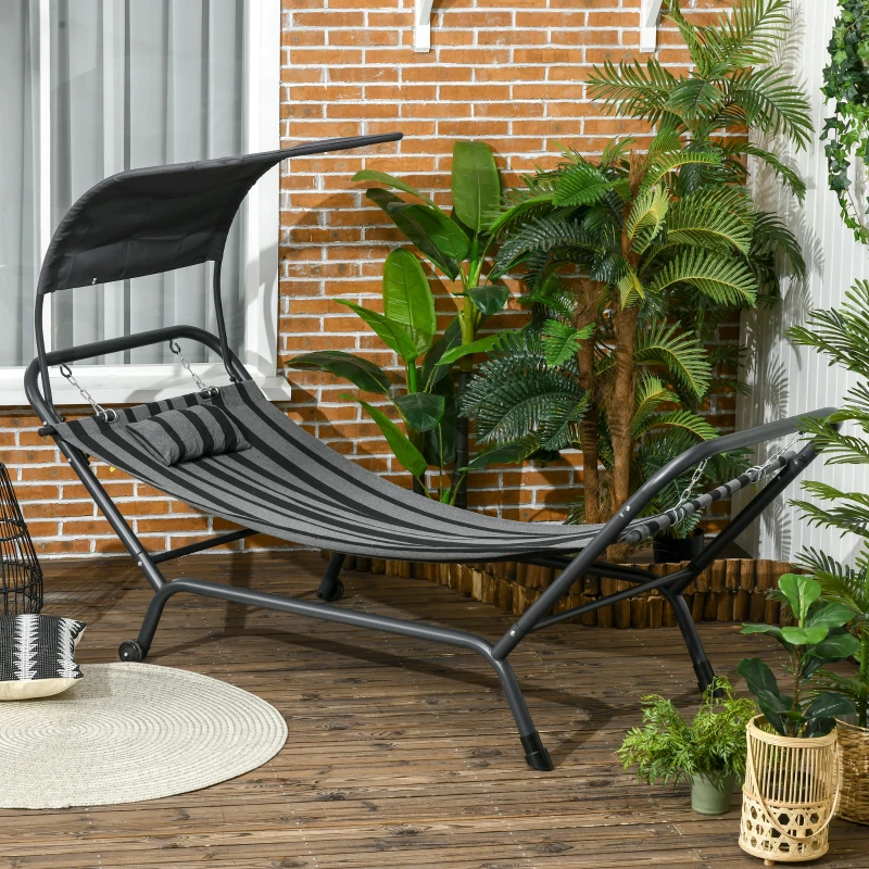 Outsunny Liegestuhl Sonnenbad Liege aus Stahl und Polyester mit Dach Kissen und Rollen Maße 240L x 92B x 148H cm
