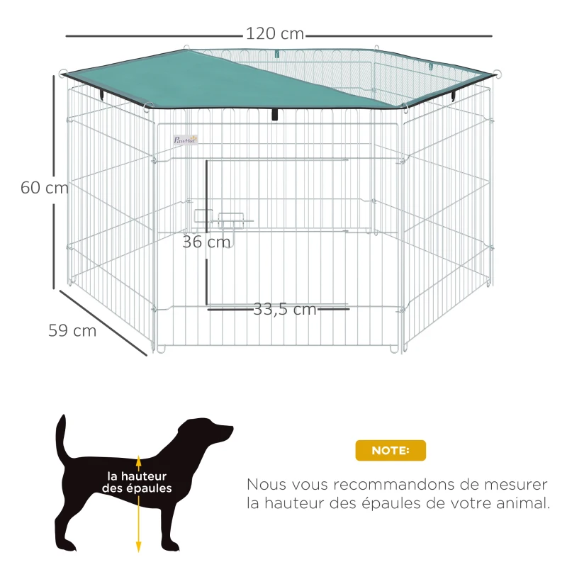 PawHut Modulares Auslaufgehege aus Stahl mit 6 Paneelen und 1 Tür für Hunde, Kaninchen, Nager, kleine Tiere für den Innen- und Außenbereich Ø 120 x 60 cm Grau Metall Grün