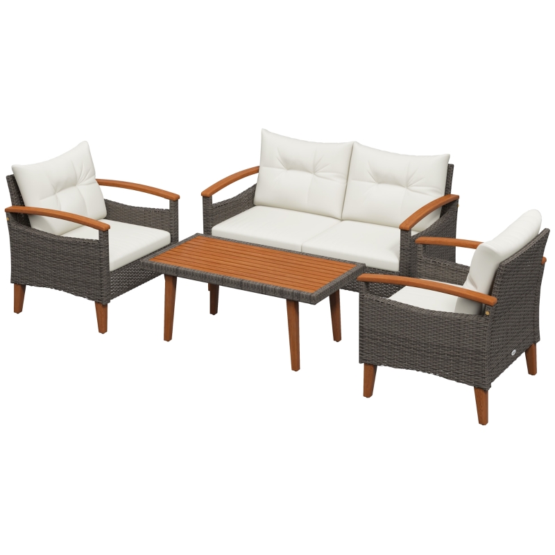 Outsunny Gartenmöbel-Set 4-teilig aus PE-Rattan 2-Sitzer-Sofa 2 Sessel Kissen und Akazienholzplatte Creme