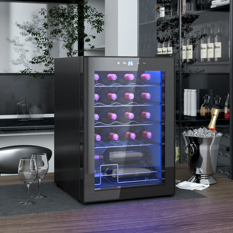 HOMCOM Kleine Wijnkoelkast, Mini-Koelkast voor 20 Flessen, 53 Liter Capaciteit, met Glazen Deur, LED-Verlichting, Zwart(m-2)