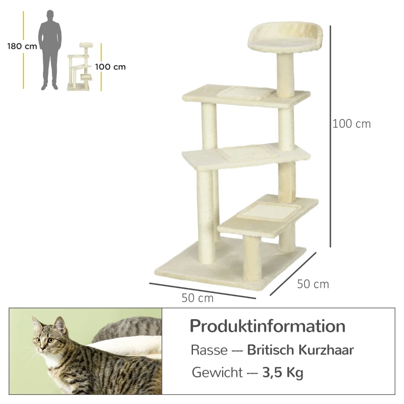 PawHut Arbre à Chat avec Colonnes en Sisal, Griffoir pour Chat, Arbre à Grimper pour Chat, Arbre à Chat, Beige, 50 x 50 x 100 cm