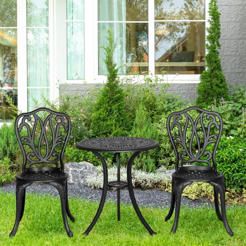 Outsunny Gartenmöbelset 2 Sitzplätze 2 Stühle + Runde Tisch im charmanten Retro-Stil aus Aluminiumguss, schwarz