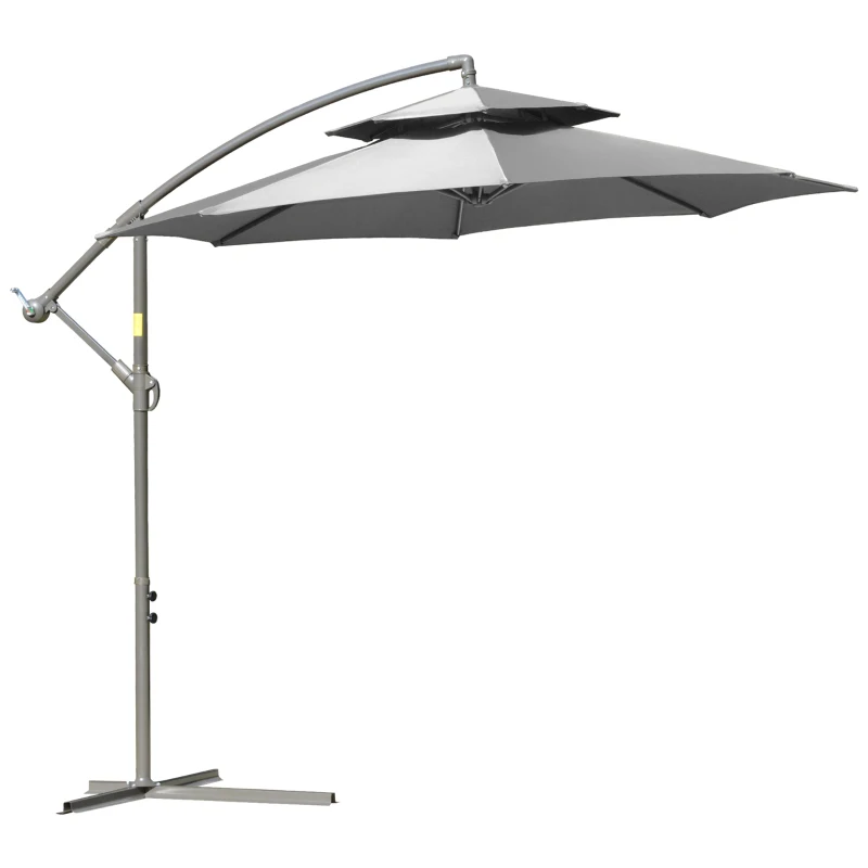 Outsunny Parasol Déporté Ø2,67 x 2,45 m Parasol à manivelle avec Double Toit Base en Croix Acier Protection Solaire en Polyester et Acier Gris Clair