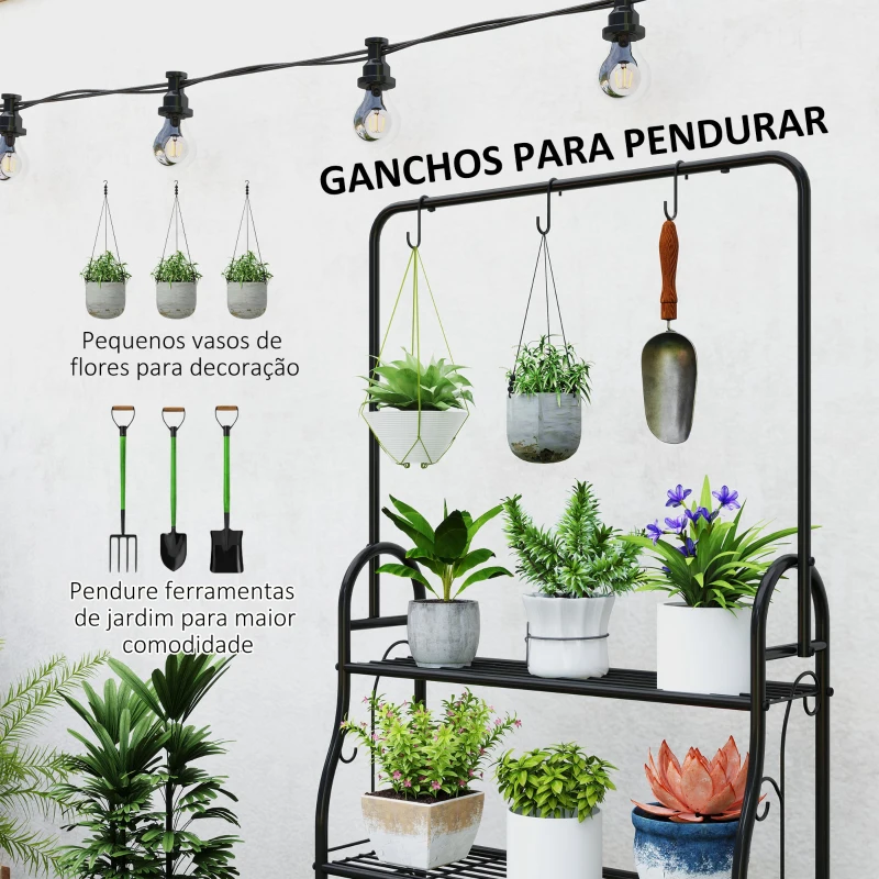 Outsunny Suporte para Plantas de 3 Níveis Suporte para Vasos de Plantas com Ganchos de Metal Barra para Pendurar 75x25x137 cm Preto