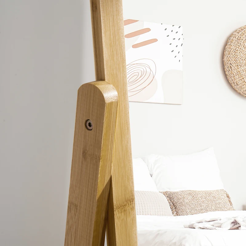 HOMCOM Freistehender Spiegel mit Schubladen-Aufbewahrung aus Bambus und MDF - Maße 45L x 30B x 160H cm - Weiß und Natur