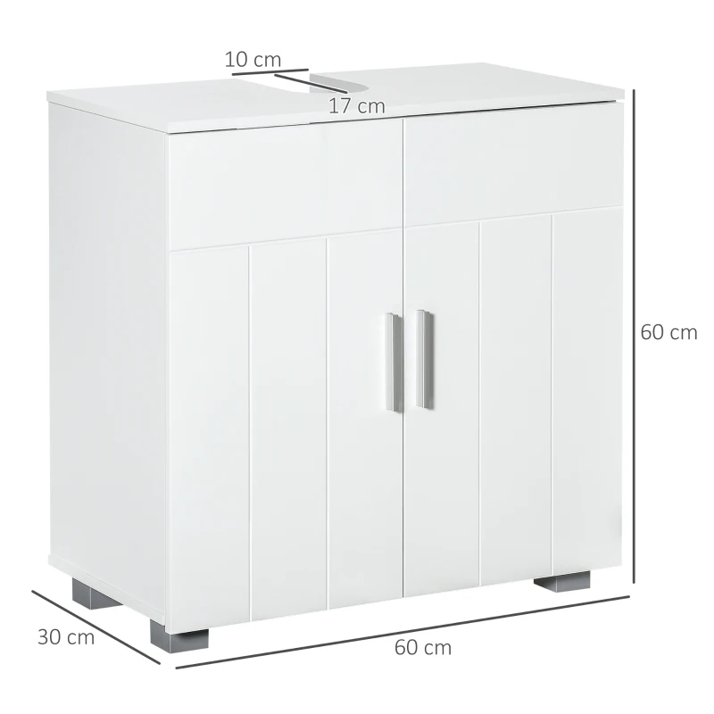 Kleankin Badezimmer-Unterschrank mit 2 Schwingtüren und 1 höhenverstellbaren Regal, auf Beinen, Griffe aus Aluminiumlegierung, Abmessungen 60L x 30B x 60H cm - MDF Weiß