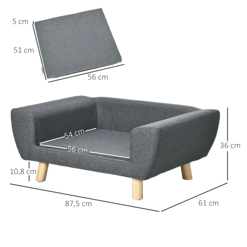 PawHut Hundesofa Katzensofa skandinavisches Design flauschiges Kissen Massivholzbeine 87 x 61 x 36 cm Polyester Grau