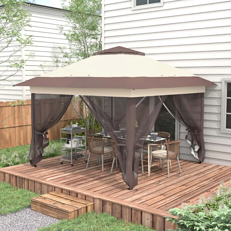 Outsunny Gartenpavillon Pop-Up Faltbarer Stahl Polyester Moskitonetze + Transporttasche mit Rollen Khaki Braun