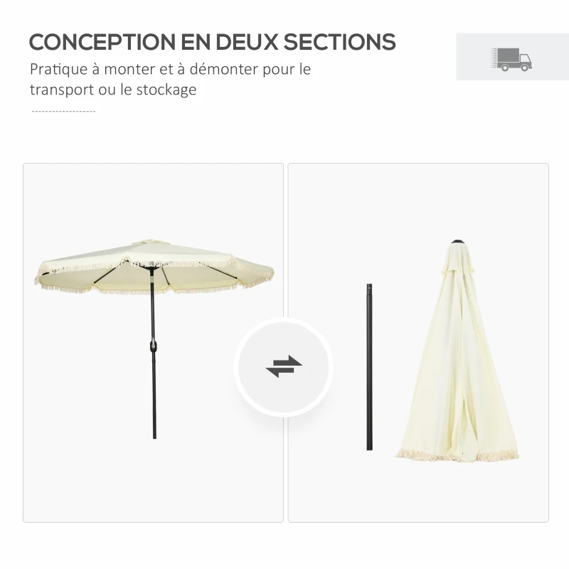 Outsunny Schrägbarer runder Sonnenschirm Ø 268 cm mit Fransen aus hochdichtem Polyester 180 g/m² Sonnenschutz Creme