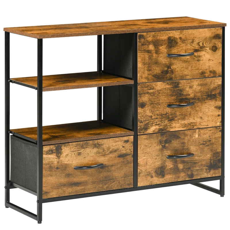 HOMCOM Aufbewahrungskommode, Industrielle Stil Kommode mit 4 klappbaren Schubladen und 2 offenen Regalen aus Stahl und Holz - 84 x 30 x 71,5 cm
