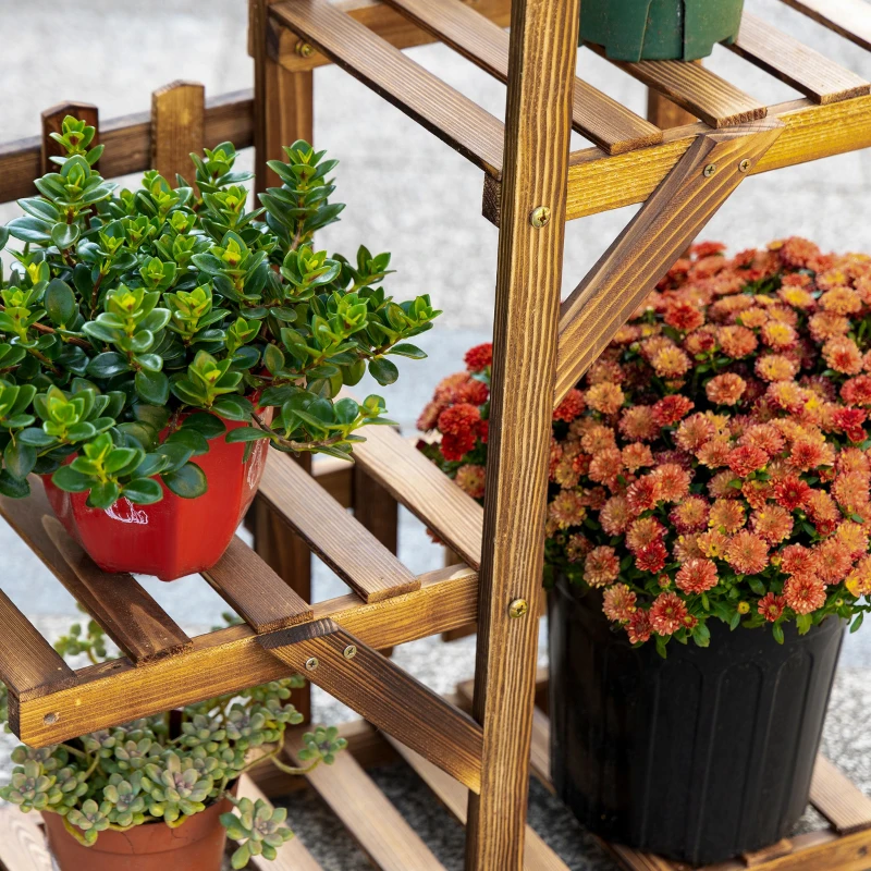 Outsunny Blumenleiter aus Holz mit Pflanzenstützen Pflanzenständer aus Holz 5 Regale Verziert mit kleinen Zäunen 60 x 30 x 130 cm Kiefernholz karbonisiert für Innen Garten Terrasse Balkon