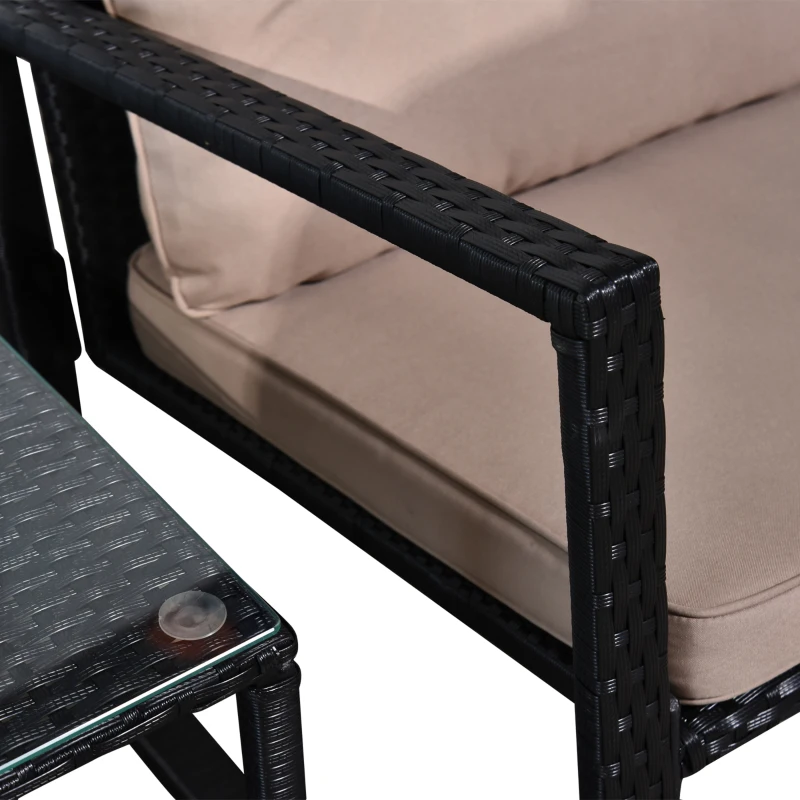 Outsunny 3-teiliges gemütliches Gartenmöbelset 2 Schaukelstühle mit Sitz- und Rückenkissen + Beistelltisch aus gehärtetem Glas Stahlrahmen Kunstharzgeflecht im Rattandesign Schwarz und Braun