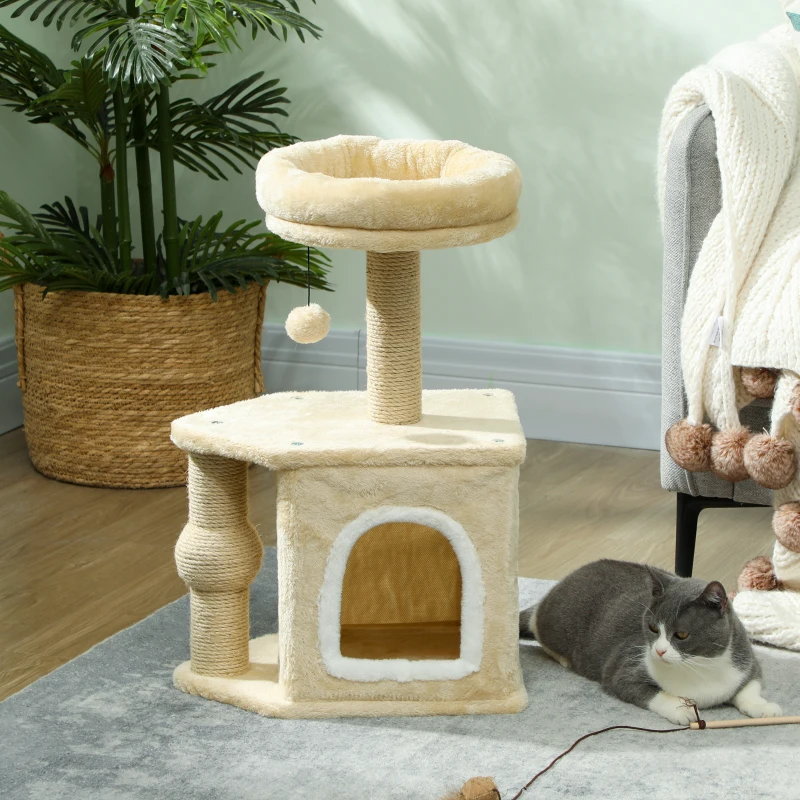 PawHut Arranhador para Gatos com Cama Caverna Plataforma Bola Suspensa e Poste de Juta 42x30x66 cm Marrom e Bege