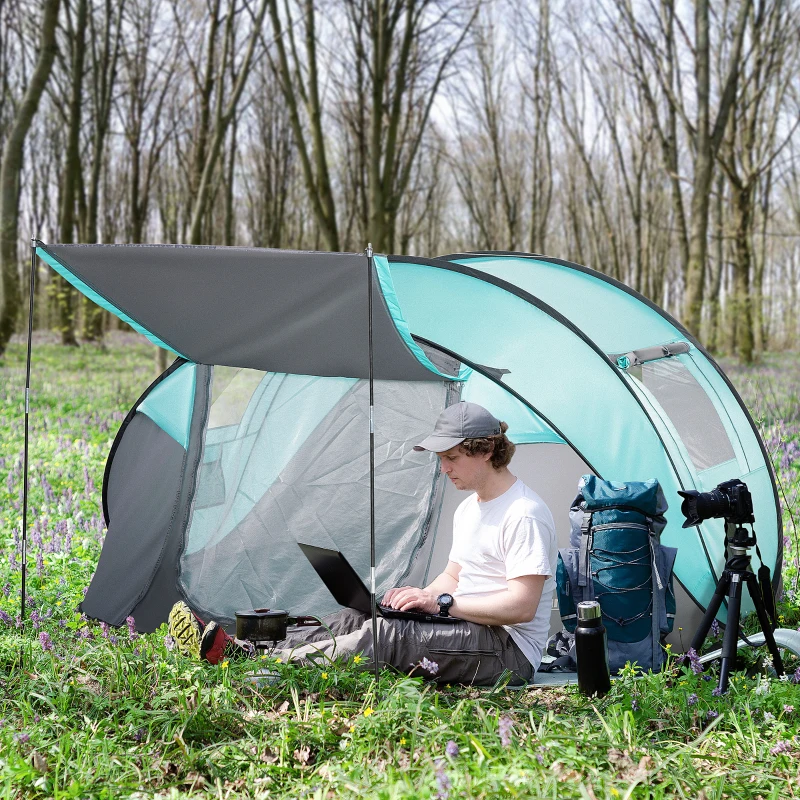 Outsunny Campingzelt Pop-Up für 4 Personen, wasserdichtes Kuppelzelt, leicht und belüftet, einfach aufzubauen mit 2 Fenstern und 2 Türen, Transporttasche inklusive, Maße 286L x 209B x 122H cm, Polyester in Blau und Hellgrau