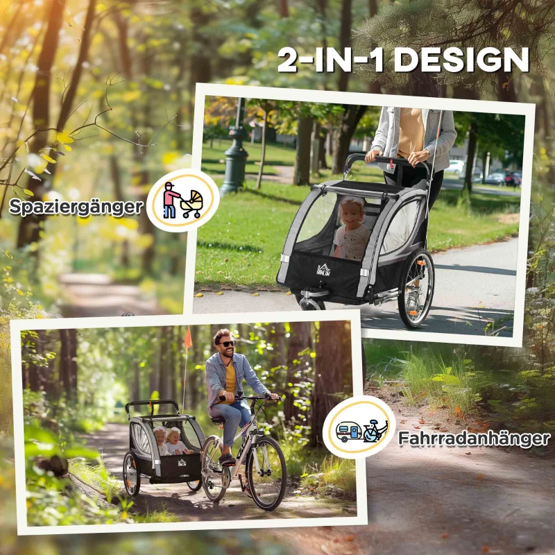 HOMCOM Kinderfietskar/Duwwagen met Remmen, Opvouwbaar, voor 2 Kinderen, Grijs/Zwart