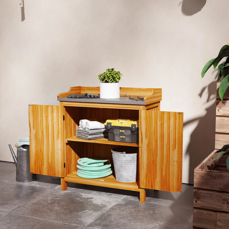 Outsunny Pflanztisch-Werkbank mit 2 Regalen, verzinktes Tablett, rutschfeste Gummifüße aus Tannenholz