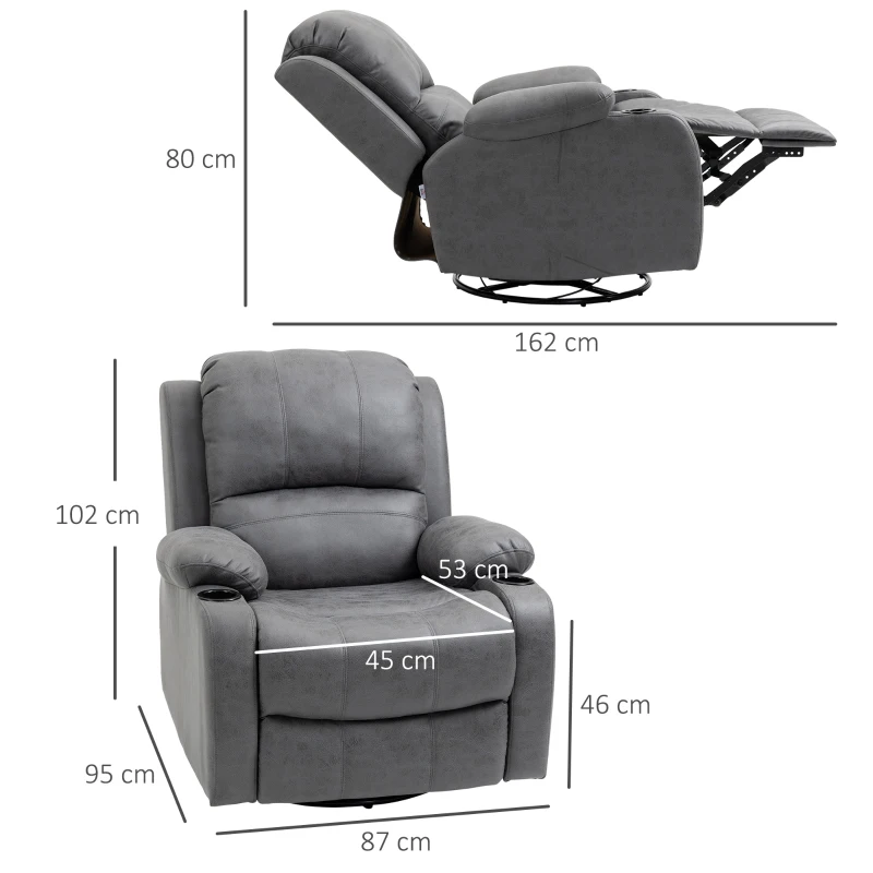 HOMCOM Fauteuil Relaxant avec Repose-pieds et Fonction de Relaxation, incl. Porte-gobelet, Fauteuil de télévision, 87 cm x 95 cm x 102 cm, Gris