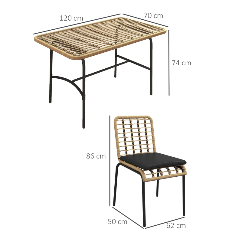 Outsunny Gartenmöbelset mit Tisch und 4 Stühlen, 5-teilig aus Rattan-Effekt, Schwarzem Metall und gehärtetem Glas - inklusive Kissen