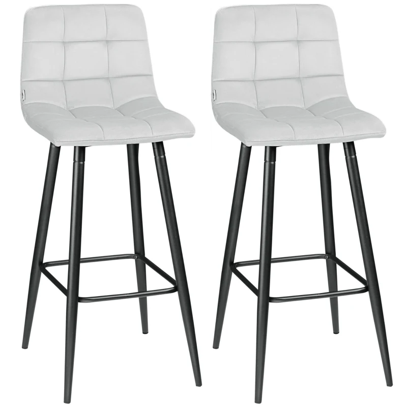 HOMCOM Ensemble de tabourets de bar, design scandinave, housse en velours, structure en métal, embouts antidérapants, gris clair