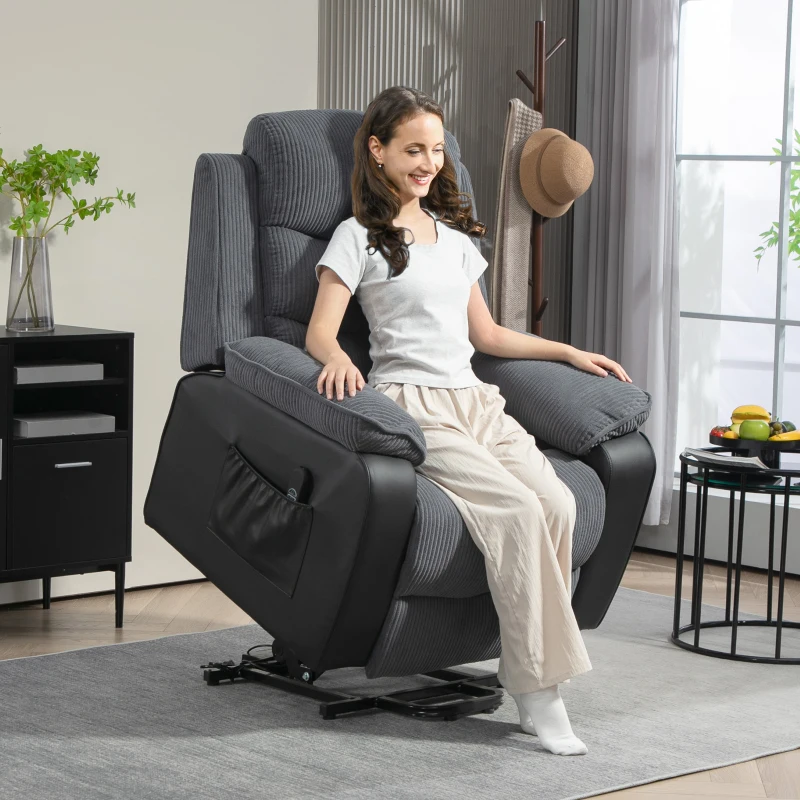 HOMCOM Poltrona Relax Reclinável com Controlo Remoto Apoio para os Pés Poltrona Elevatória 96x96x108 cm Cinza Escuro