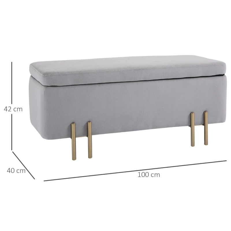 HOMCOM Banco Pé de Cama para Dormitório 70L em Veludo Pés de Metal para Entrada Sala de Estar 100x40x42 cm Cinza Claro