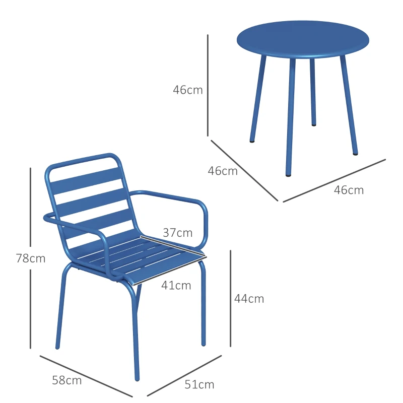 Outsunny 3-teiliges Gartenbistro-Set, Gartensitzgruppe mit 2 stapelbaren Stühlen mit Armlehnen + runden Beistelltisch aus Stahl