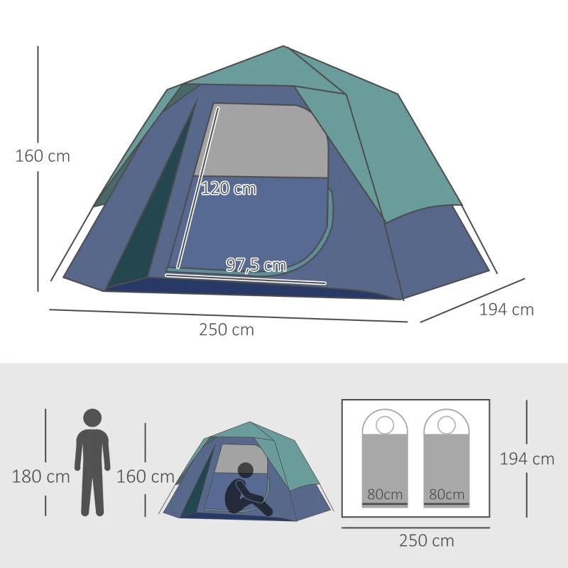 Outsunny Pop-up-Campingzelt Familienzelt für 3 Personen wasserdicht leicht belüftet leicht aufzubauen große Tür + 4 Fenster Maße 2,5L x 1,94B x 1,6H m Fiberglas Polyester Oxford Blau Grün